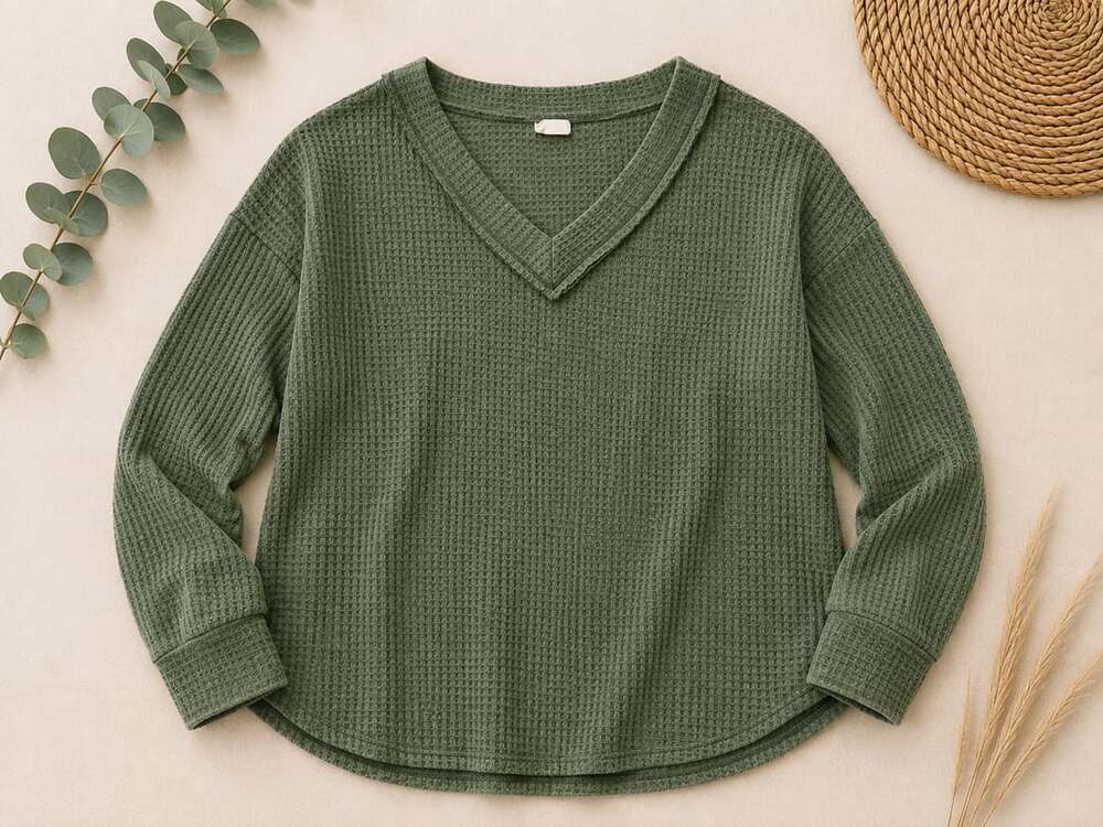 BIB! Olive Green Waffle Knit V-Neck Long Sleeve Top (j1)